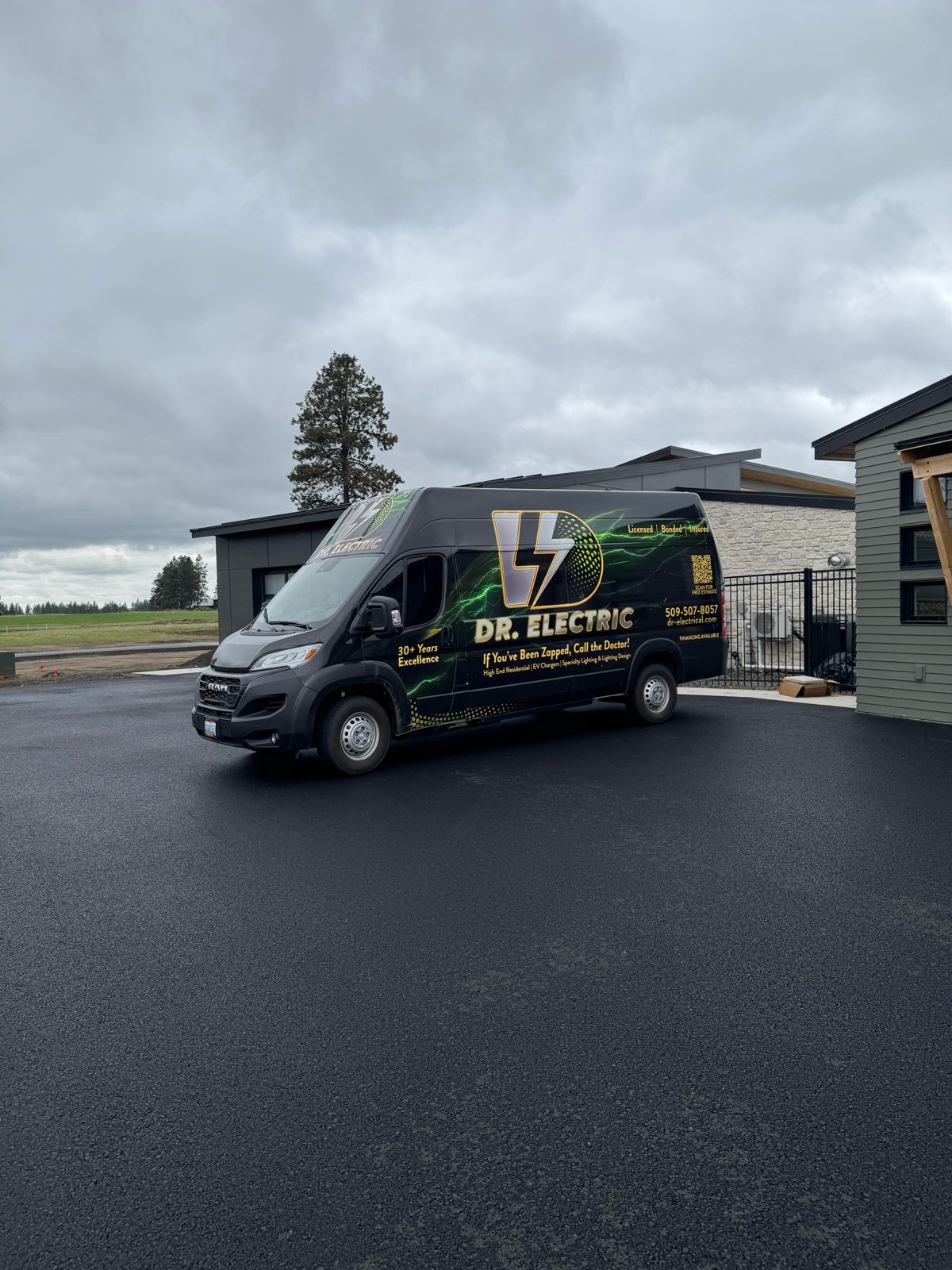 Dr. Electric work van on the job at a modern custom home in the Spokane area