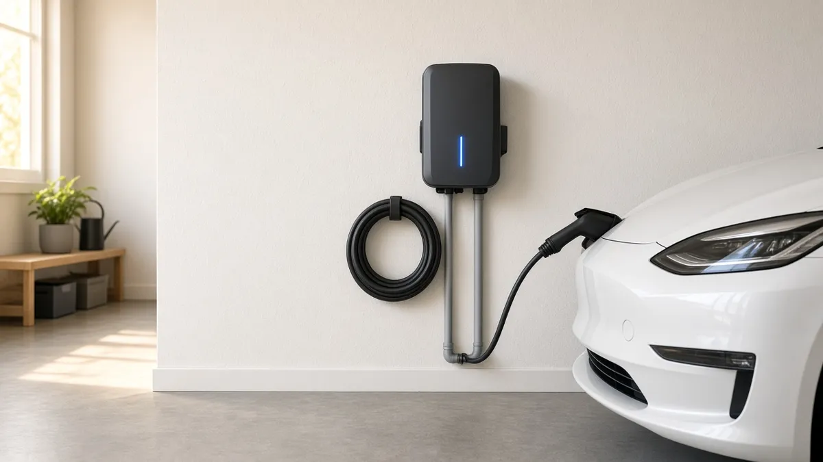 Level 2 EV charger wall-mounted in a clean residential garage with a neat conduit run, charging an electric car