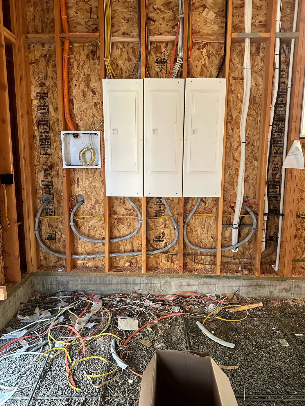 Three electrical panels roughed in on new construction with covers on